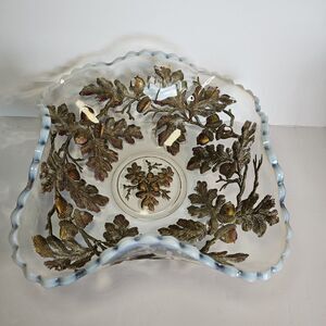 Vtg Goofus Glass Intaglio Ruffle Scalloped Rim Bowl Dish 10.5” Red Nuts On Gold